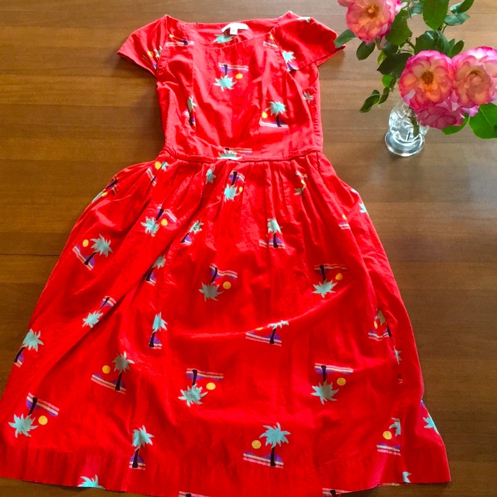 Emily & Fin red/orange palm tree, beach, sun print fit & flare swing dress 🏝☀️